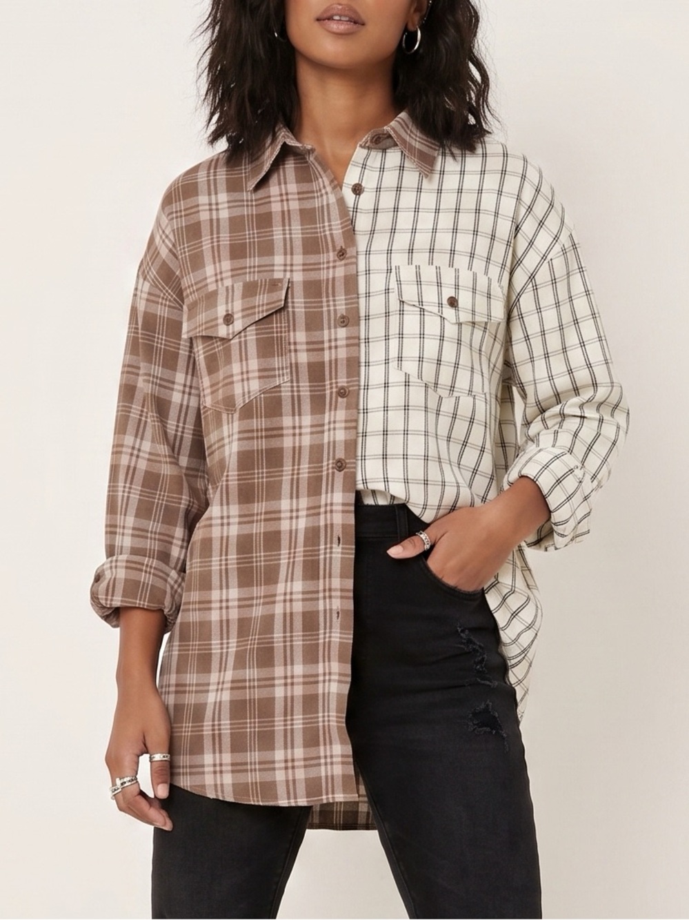 NEW Missguided Tall Plaid Flannel Button Shirt ColorBlock Oversized Shirt 4 XL